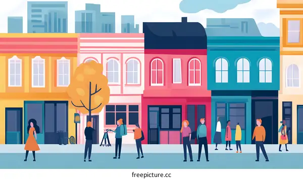 Colorful Buildings with People Walking on Sidewalk in City