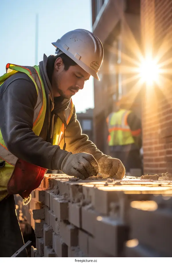 Construction worker laying bricks on a building site