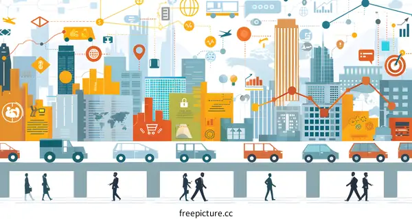 Abstract Cityscape with People and Vehicles Illustration