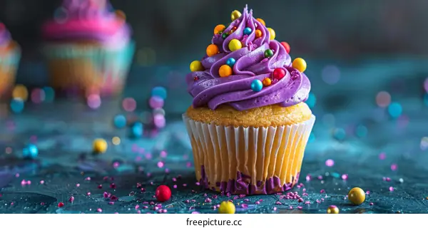 A purple cupcake with colorful sprinkles sits on a table.