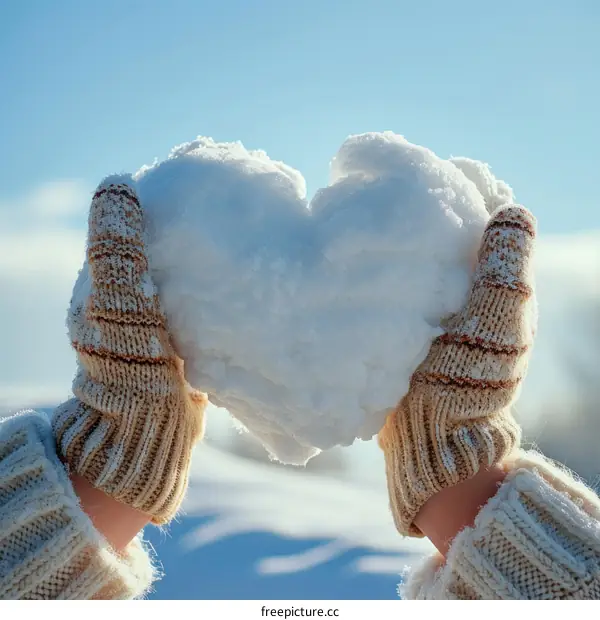 Two hands holding a heart shaped snowball in the winter