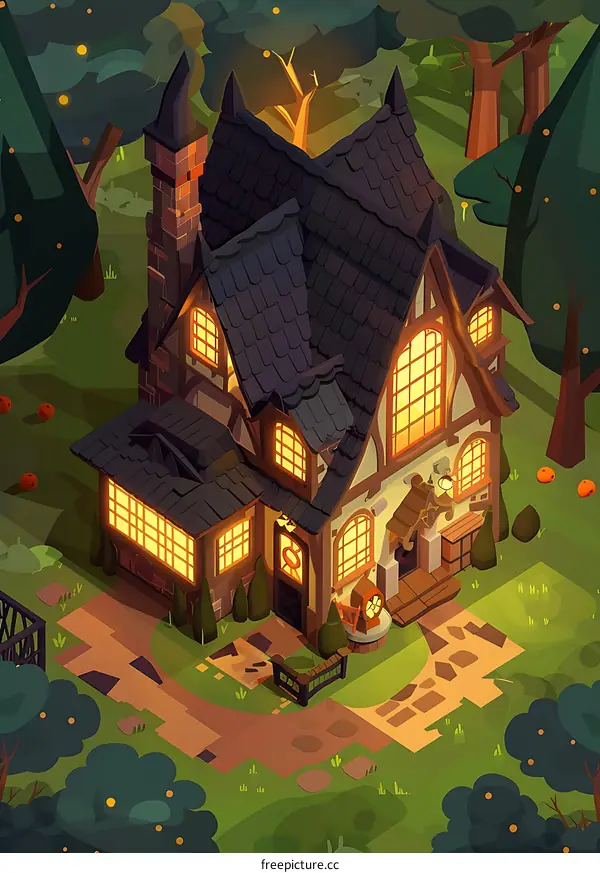 Night View of a Cozy House in the Forest