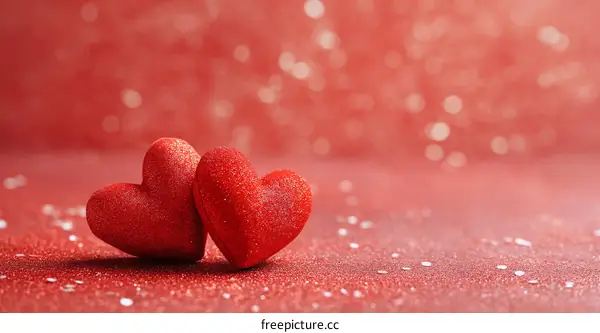 Two Red Hearts on a Red Glittery Background