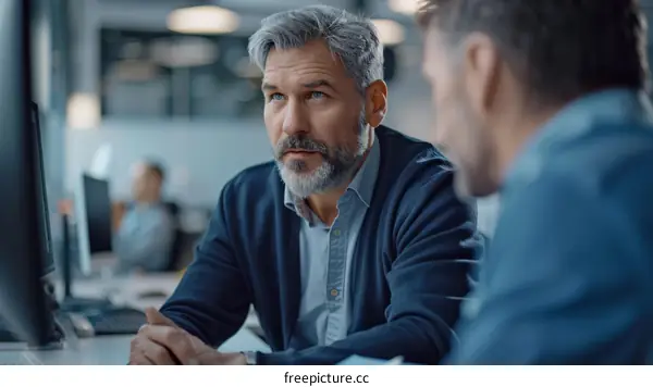 Portrait of a middle-aged man in a blue sweater looking at his colleague