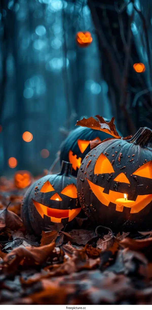 Glowing Halloween Pumpkins in a Dark Forest