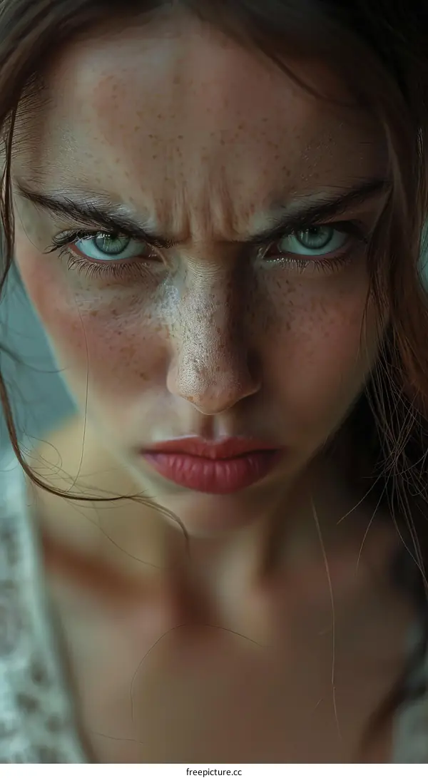 Close-up Portrait of a Woman with a Frowny Face