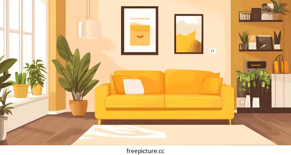 Yellow Sofa Living Room Interior Design with Plants