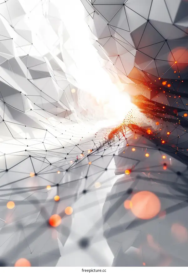 Orange particles flowing through a white polygonal tunnel