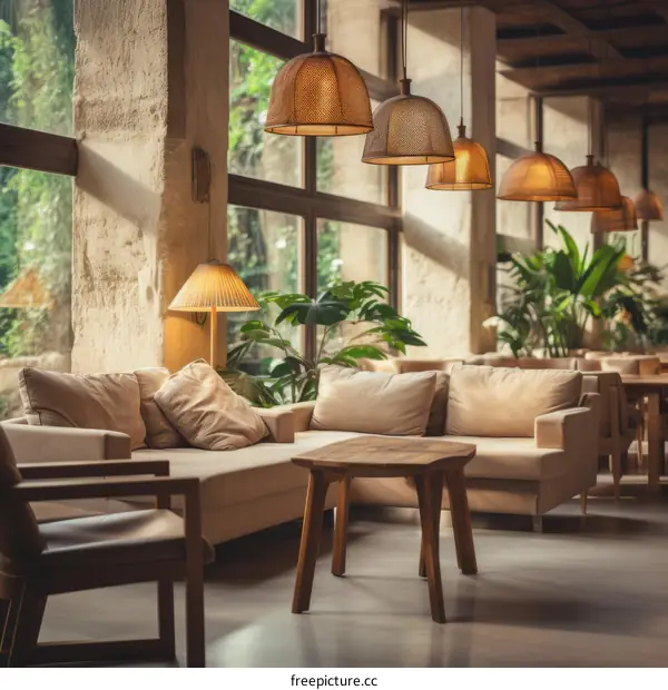 Modern restaurant interior with comfortable sofas and stylish lighting