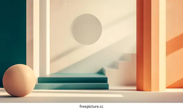 Abstract Minimalist 3D Rendering of a Geometric Room with a Sphere and Staircase