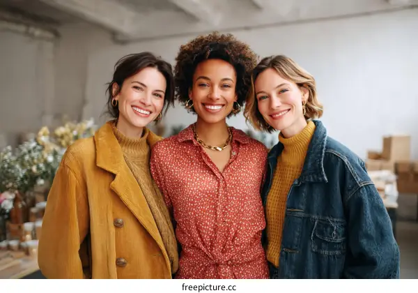 Three Diverse Women Smiling Together in Casual Wear