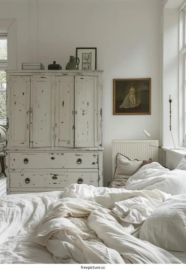 Whitewashed Armoire and Woman Painting in Bedroom