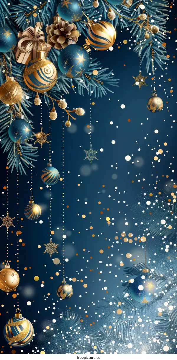 Christmas ornaments hanging from a tree branch with a dark blue background