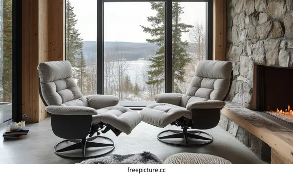 Modern Recliners by a Stone Fireplace with Mountain View