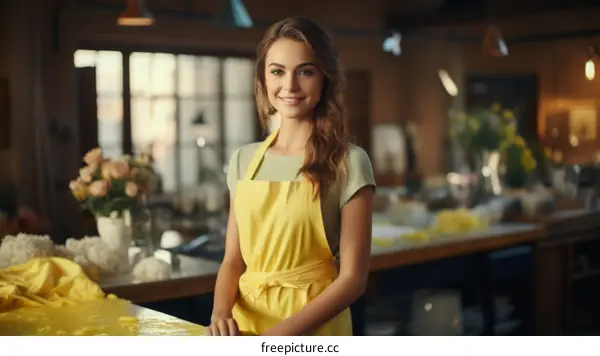 Portrait of a beautiful young woman in a yellow apron standing in a kitchen.