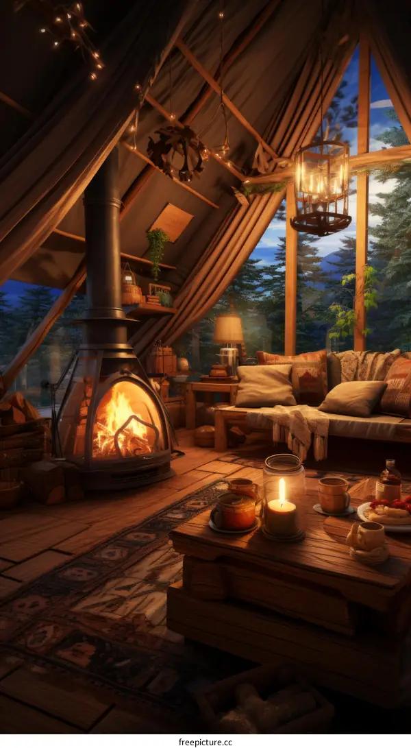 Cozy cabin in the woods with fireplace and fairy lights