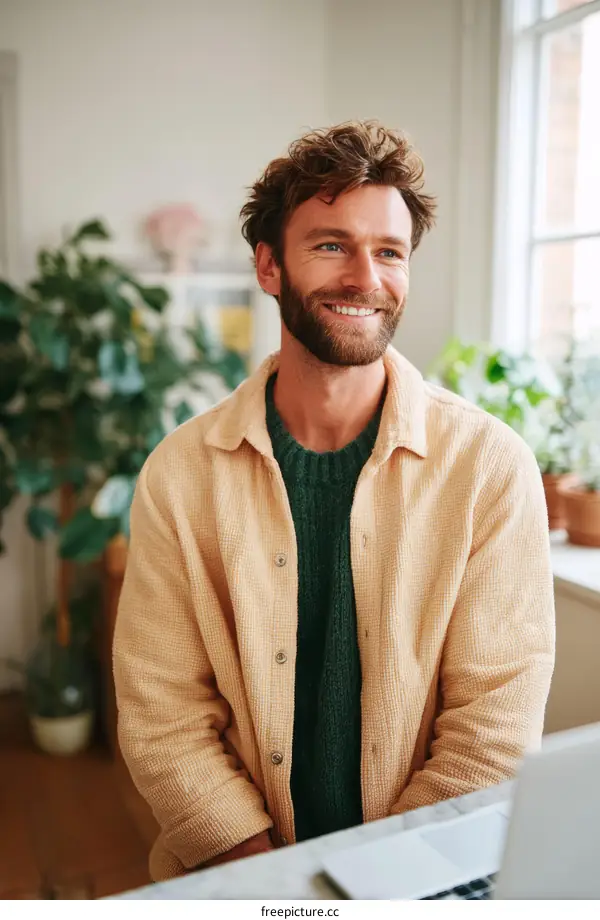 Caucasian Man Smiling and Looking Upward in a Cozy Interior Setting
