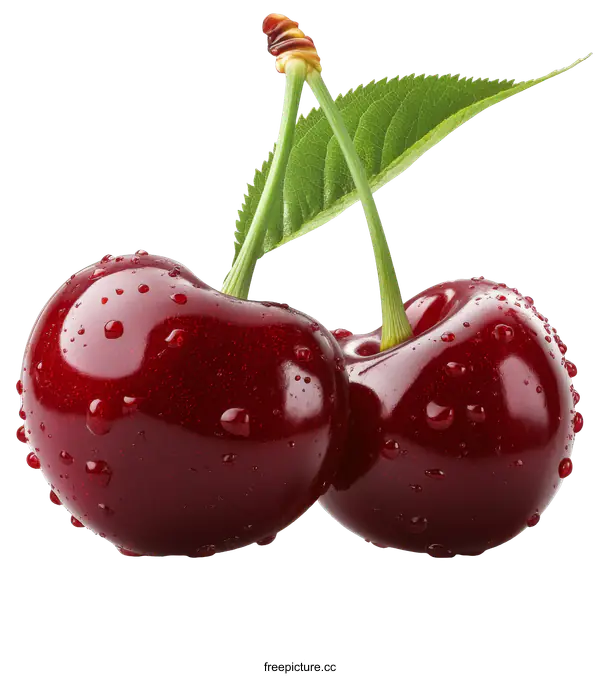 [Transparent Background PNG]Closeup of Fresh Cherries with Water Drops