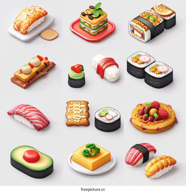 A variety of sushi and other Japanese food