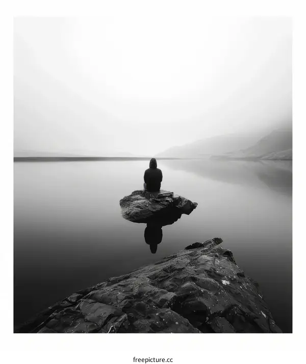 A Person Sitting on a Rock in the Middle of a Lake with Mountains in the Background