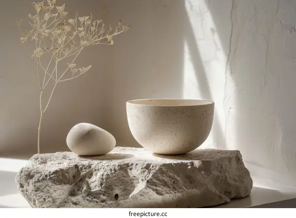Still life with a bowl, a stone and a plant