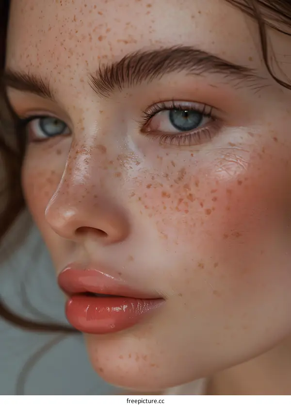 Close Up Portrait of a Young Woman with Freckles and Blue Eyes