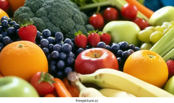 A variety of fruits and vegetables are arranged together