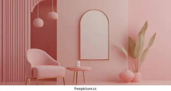Pink Minimalist Living Room Interior Design With Arched Mirror And Hanging Lamps