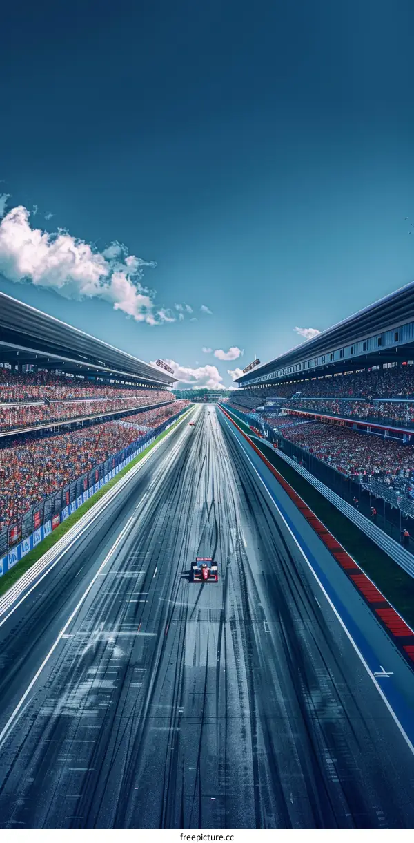 Formula One car racing down a track with grandstands full of spectators