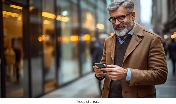 Mature Man Using Smartphone in City Street