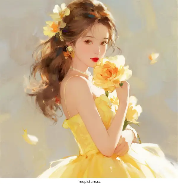 A Young Woman in Yellow Dress Holding Yellow Roses with Wind Blowing Petals