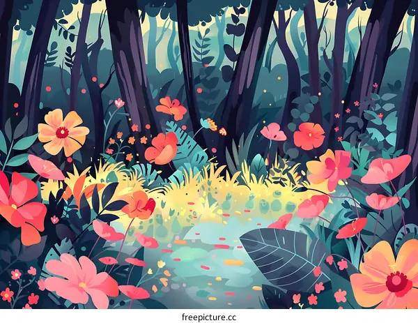 Colorful Forest Illustration with Flowers and Stream