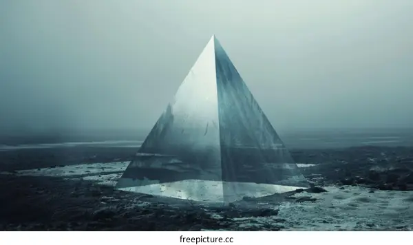 A glass pyramid stands tall amid a snowy field
