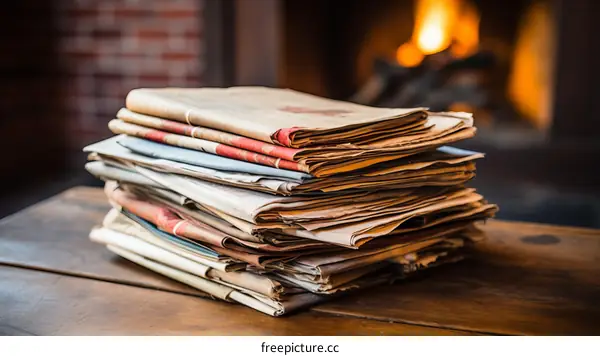 Old Newspapers Stacked by a Cozy Fireplace