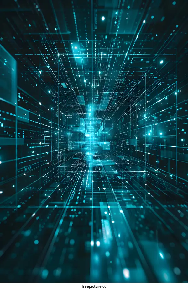 Blue technology background with squares and dots.