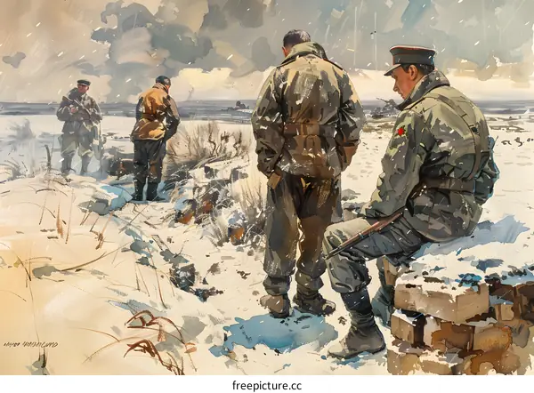 A group of soldiers in winter coats looking out at a snowy landscape