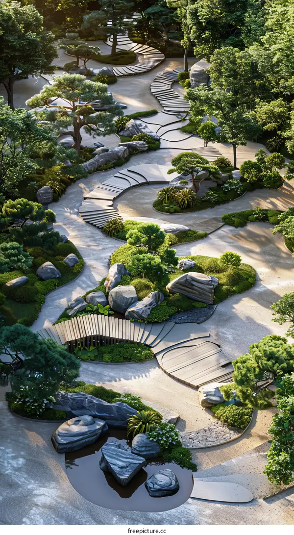 Zen Rooftop Garden with Stone, Wood, and Plants