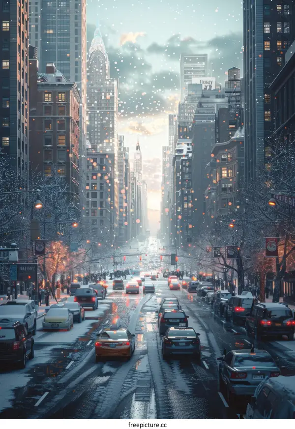 Snowy City Street Scene with Cars and People