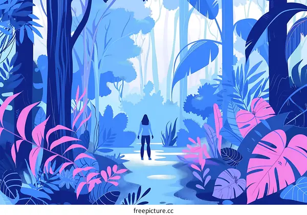 Woman Walking Through Blue Forest Illustration