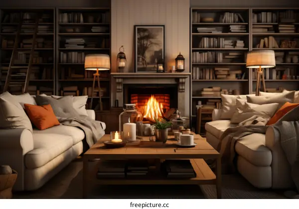 Cozy living room interior with fireplace and bookshelves