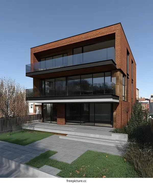Modern Brick House with Glass Balconies and Landscaping