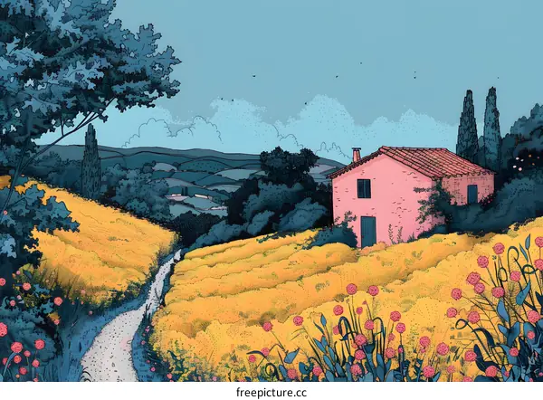 Small pink house in a field of yellow flowers