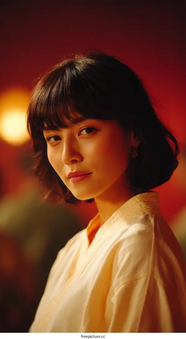 Close-up Portrait of a Woman in a Beige Kimono