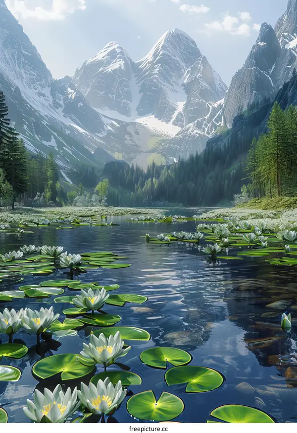 Serene Mountain Lake with White Water Lilies