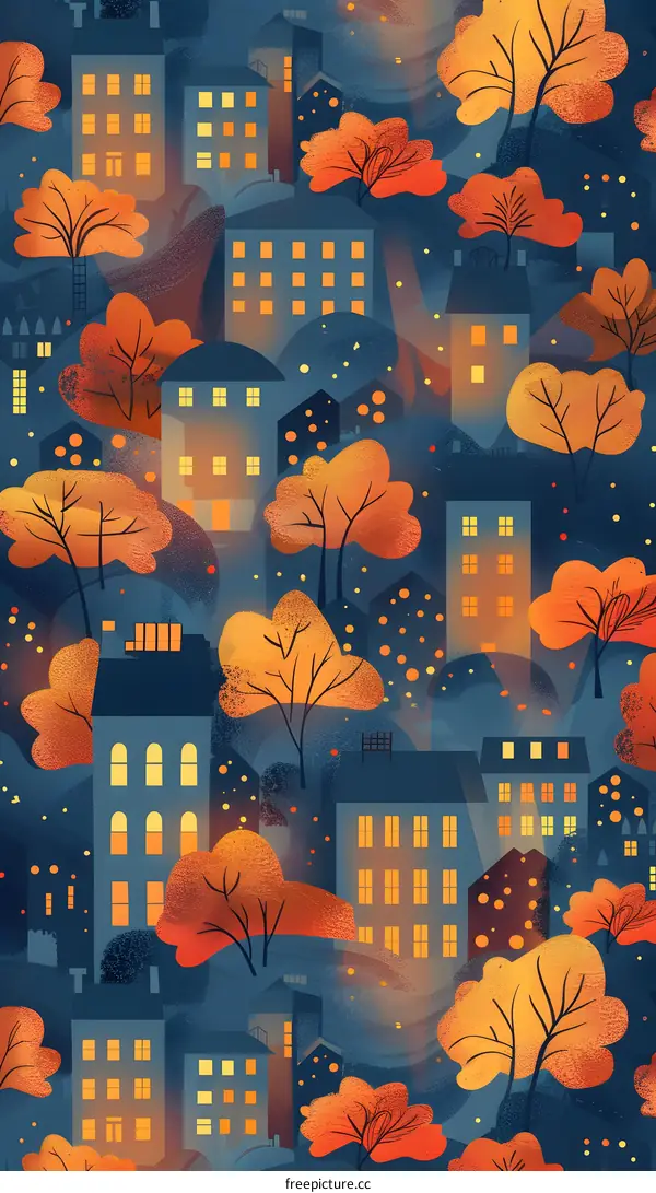 Autumn Cityscape with Colorful Trees and Lights