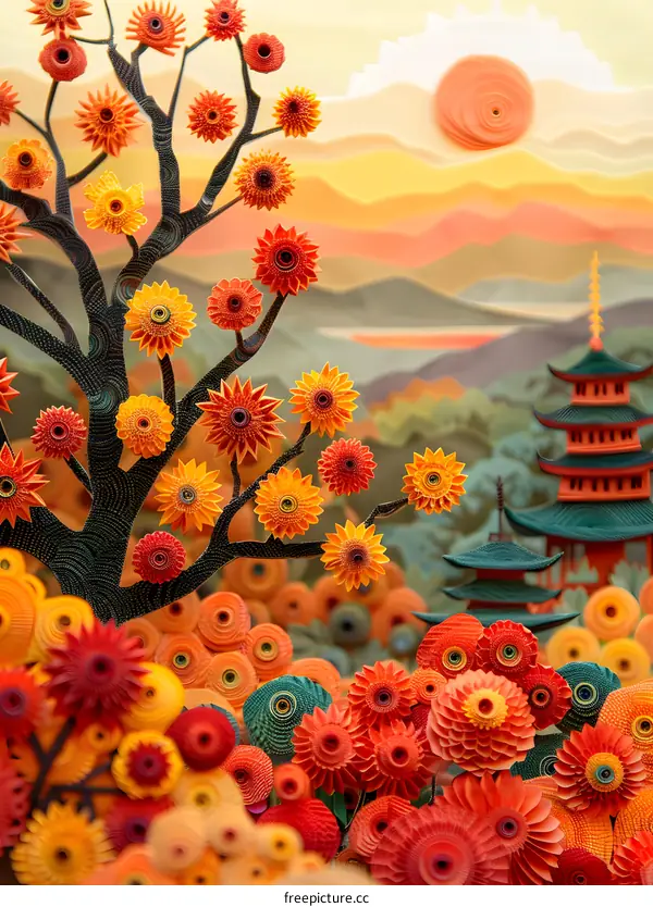 Paper Art Landscape With Flowers and Pagoda