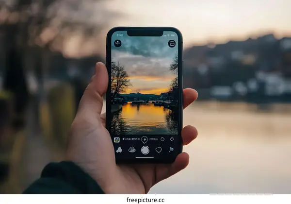 Hand Holding Smartphone Showing a Photo of a River at Sunset