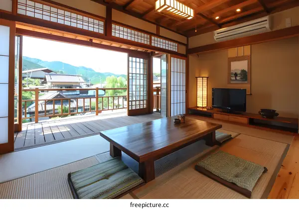 Japanese Style Living Room with Tatami Mats and Wooden Floor
