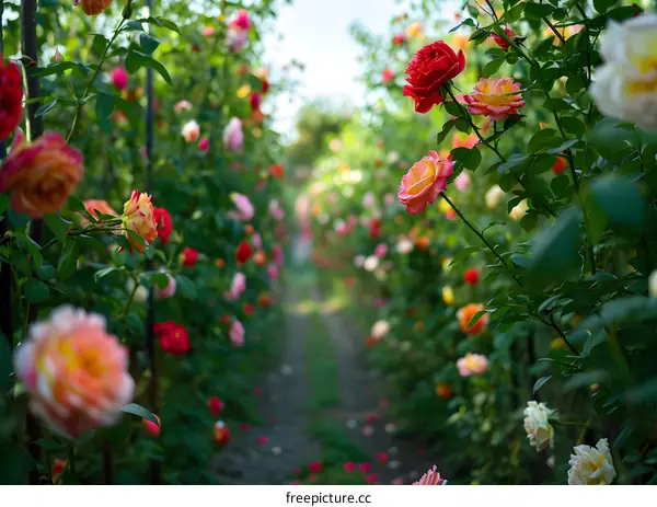 Beautiful Rose Garden Path With Colorful Roses
