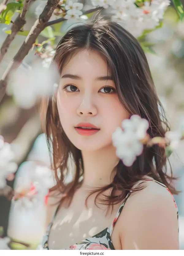 Beautiful Asian Woman Posing in a Floral Dress with Blossoms